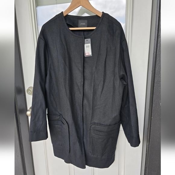 $157 Guess Wool Blend Long Jacket Women Medium Snap Buttons Black Pocket New - Picture 3 of 14